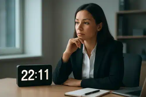 Femme professionnelle regardant l'heure 22h11 sur son écran, dans un bureau moderne, avec une expression concentrée et sereine