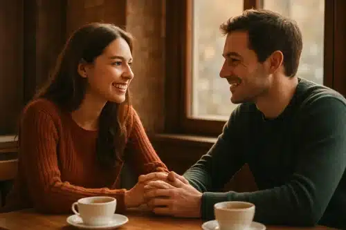 Un homme et une femme en conversation profonde dans un café, partageant un moment de connexion authentique et de compréhension mutuelle
