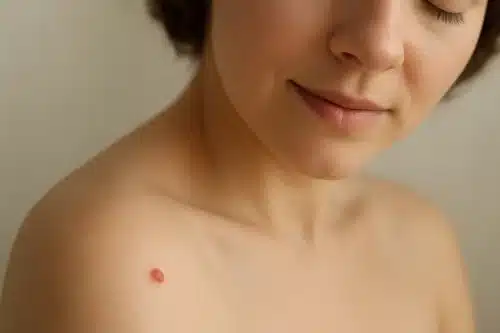 Gros plan d'un angiome rouge sur la peau d'une femme, avec une lumière naturelle douce