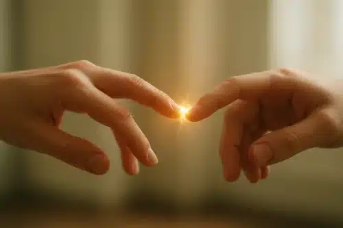 Deux mains qui se touchent avec une petite décharge électrique visible entre les doigts