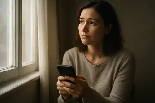 Une femme assise seule près d'une fenêtre, l'air pensif et plein d'espoir, regardant son téléphone avec des émotions mélangées