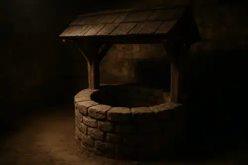 Un ancien puits en pierre dans le sous-sol d'une maison, avec sa structure de couverture en bois et ses pierres usées par le temps