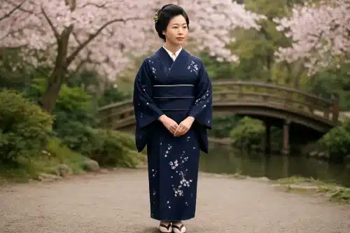 Femme portant un kimono traditionnel japonais bleu indigo orné de motifs floraux blancs délicats, avec obi assorti, tabi blancs et geta traditionnels, dans un jardin japonais serein